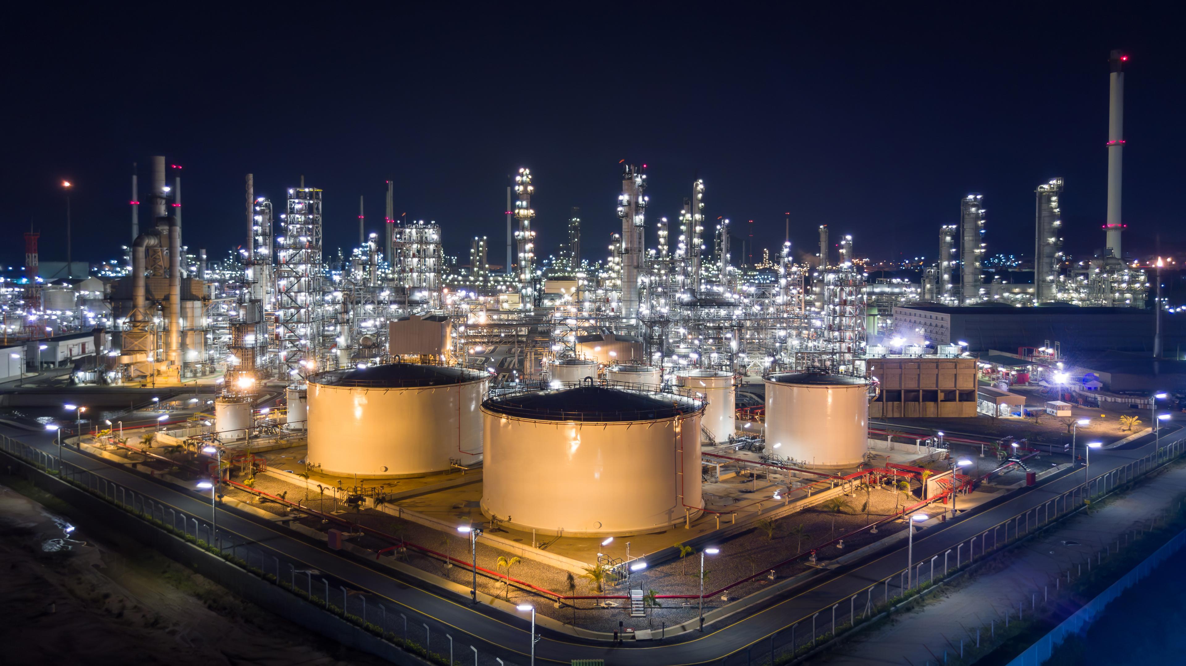 Aerial view liquid chemical tank terminal, Storage of liquid chemical and petrochemical products tank, Oil and gas storage tanks at industrial oil refinery.